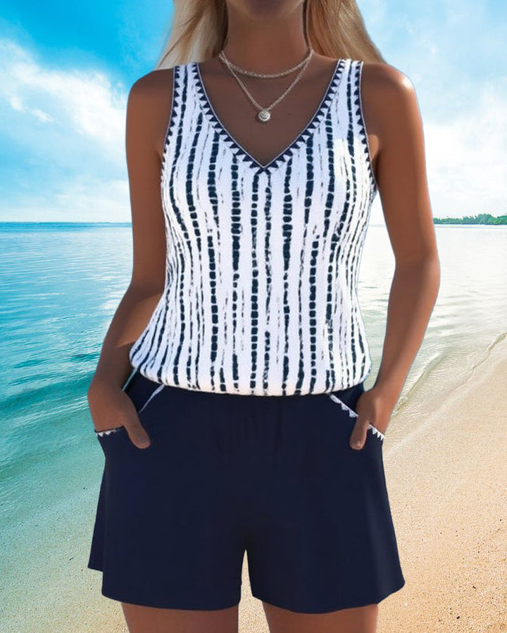 Bingxin | Casual Printed Two-Piece Swimsuit with V-Neck and Pockets