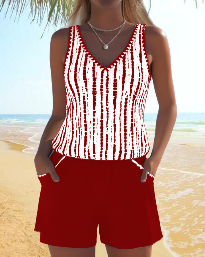 Bingxin | Casual Printed Two-Piece Swimsuit with V-Neck and Pockets