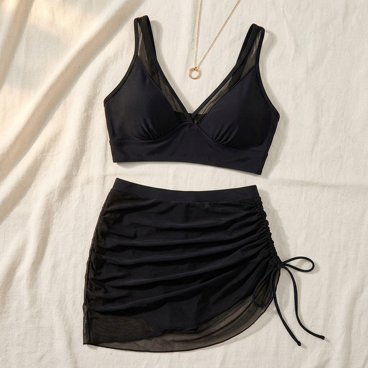 Uling | High-Waisted Mesh Bikini Set with Ruffled Skirt